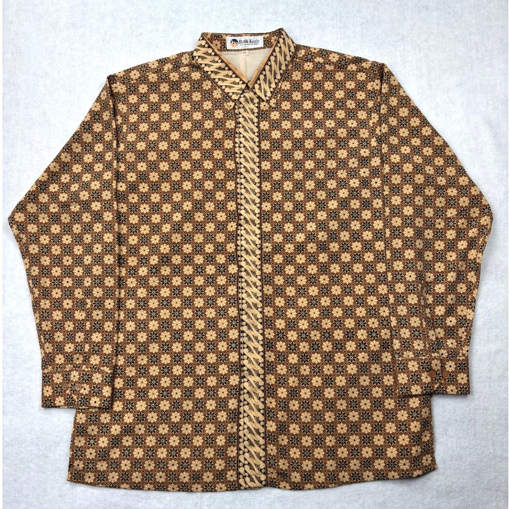 Batik‎ Keris Mens Tan Brown Geometric Long Sleeve Button Down Shirt Size 17